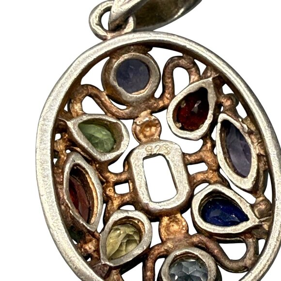 Oval Sterling Silver Pendant With Multi-Color Gemstone Accents & Open Filigree D - Picture 5 of 5